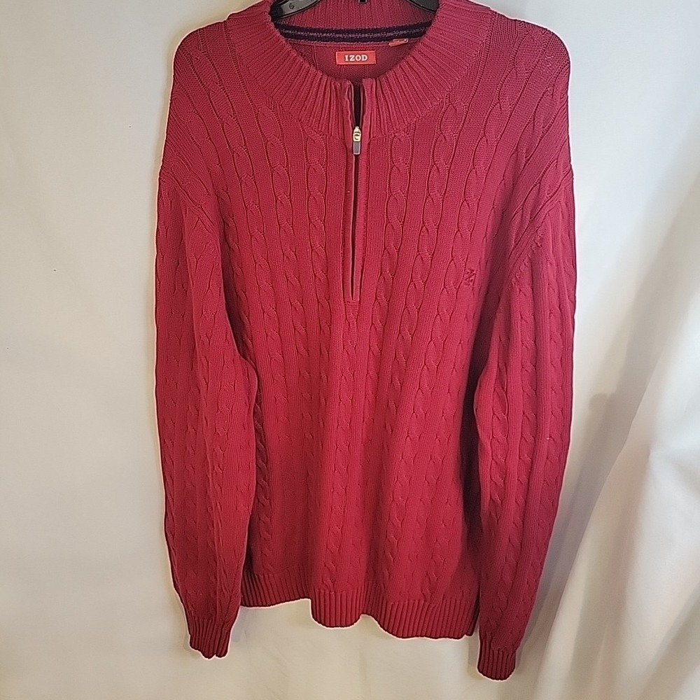 IZOD Sweater Mens 2XL Red Quarter Zip Nordic Knit Pullover Winter Cabincore